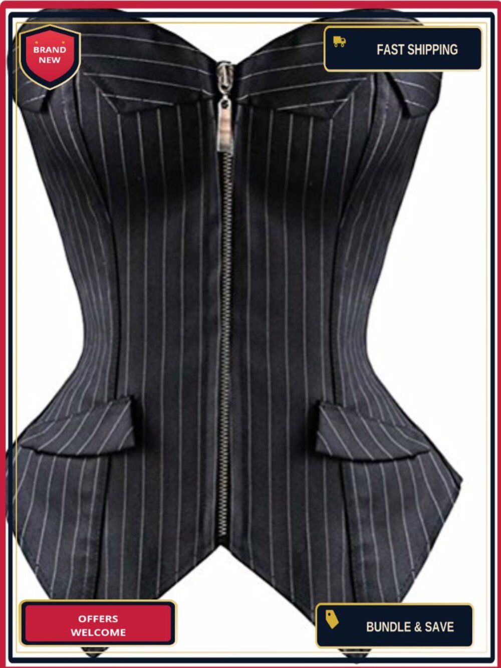 Overbust Corset Top Bustier Zipper Front Lace Up Waist Training Gothic